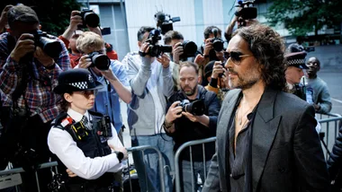 Russell Brand arriving at Southwark Crown Court for rape trial hearing