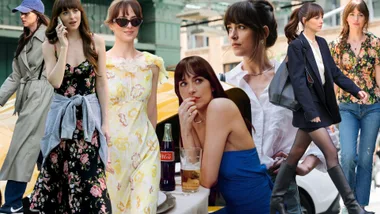 A collage of images depicting Dakota Johnson from the set of her new film Materialists