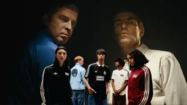 Two men stand obscured by shadows wearing polo jumpers infront are a group wearing adidas merch