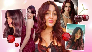 Collage of women with cherry red hair and style variations, accented with cherries and gems on a pink background.