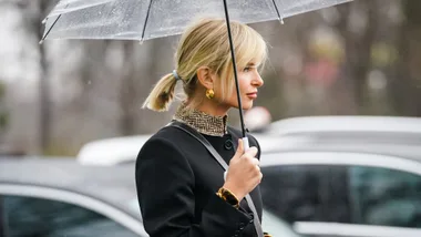 stylish woman with umbrella in sydney rainfall